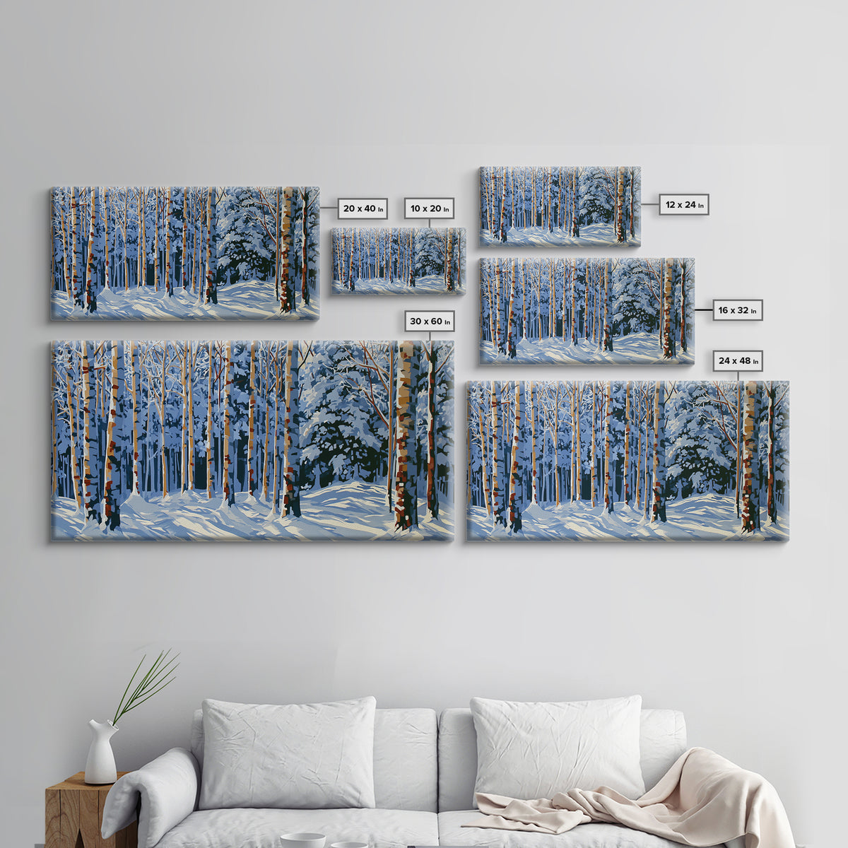 Snowy Nordic Forest Framed Canvas Print, Scandinavian Art, Abstract Wall Art, Living Room Decor, Oil Painting, Nordic, SCA-2x1-45