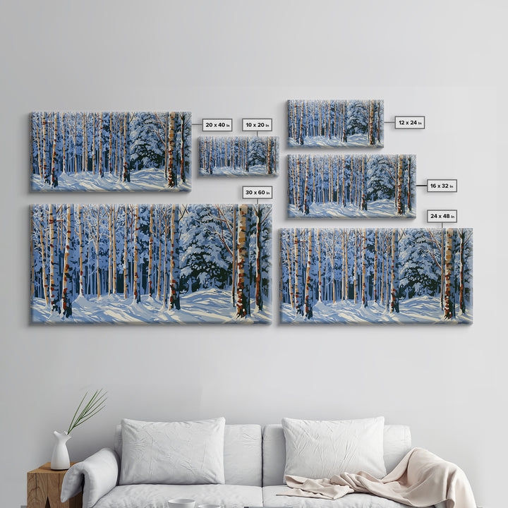 Snowy Nordic Forest Framed Canvas Print, Scandinavian Art, Abstract Wall Art, Living Room Decor, Oil Painting, Nordic, SCA-2x1-45