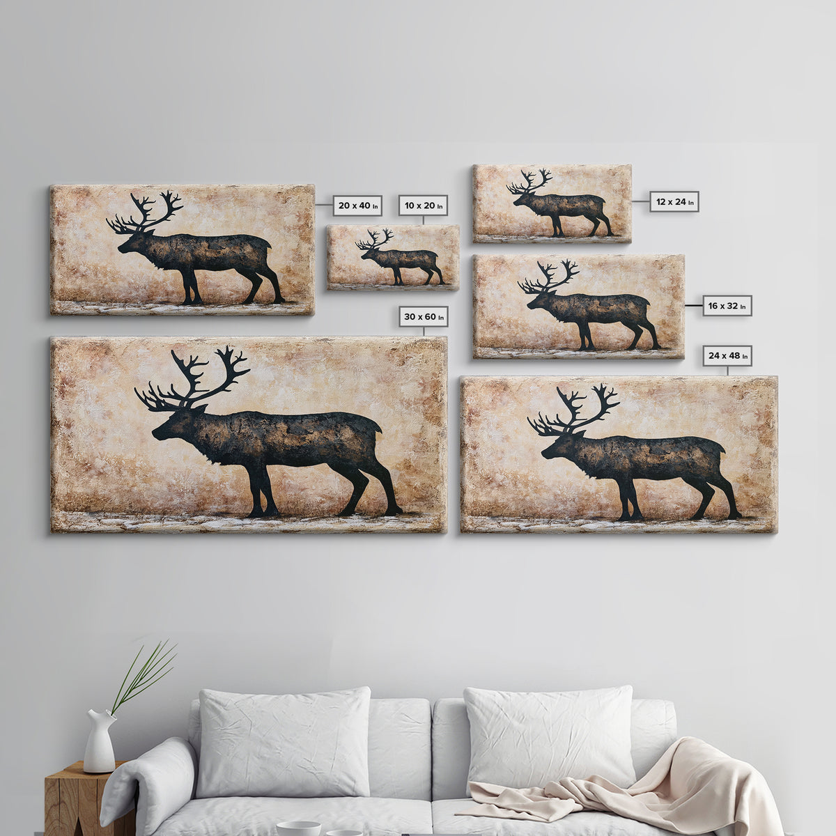 Reindeer Silhouette in Snowy Landscape Canvas Print, Scandinavian Art, Mid Century Modern, Living Room Decor, Nordic, SCA-2x1-50
