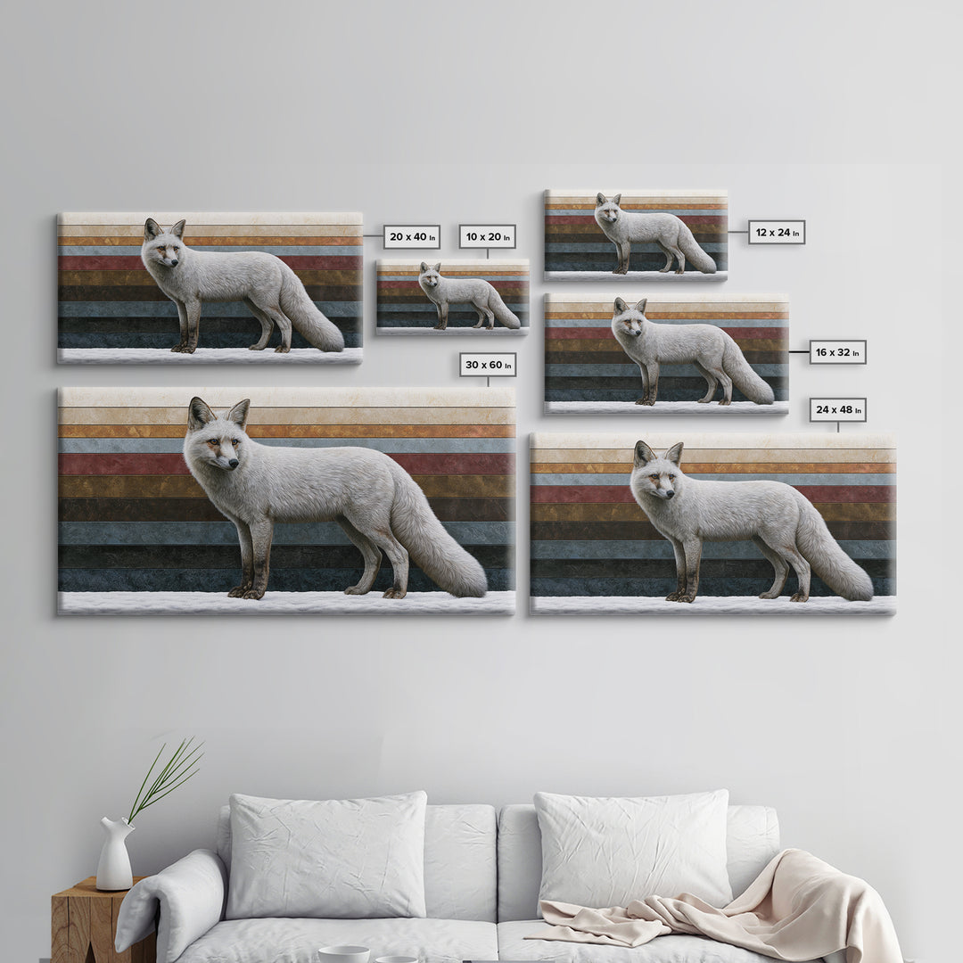 White Fox in Quiet Snow Framed Canvas Print, Scandinavian Art, Printable Wall Art, Living Room Decor, Fine Art, Nordic, SCA-2x1-56