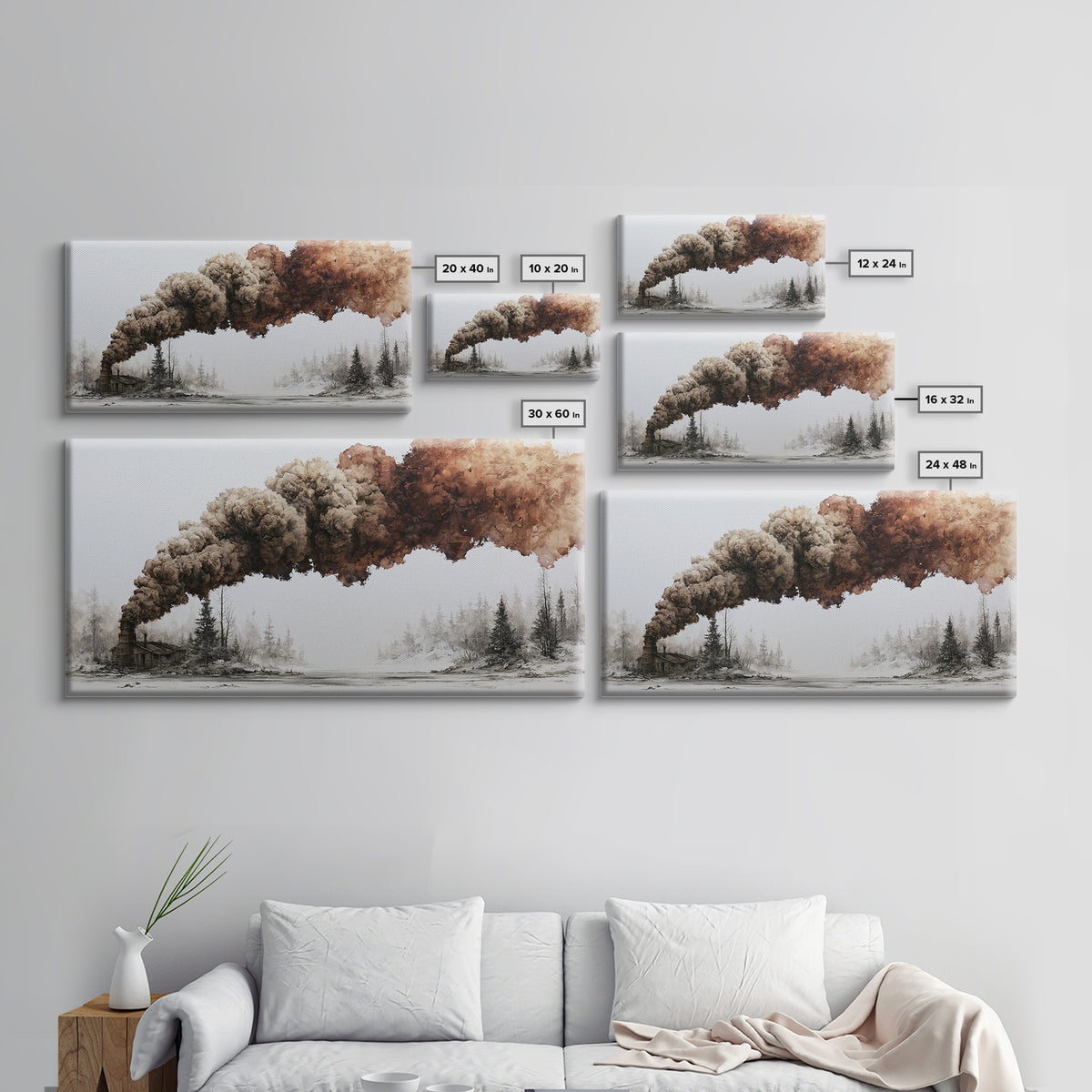 Winter Cabin Smoke Canvas Print, Scandinavian Art, Art Print, Living Room Decor, Oil Painting, Nordic, Farmhouse Decor, SCA-2x1-62