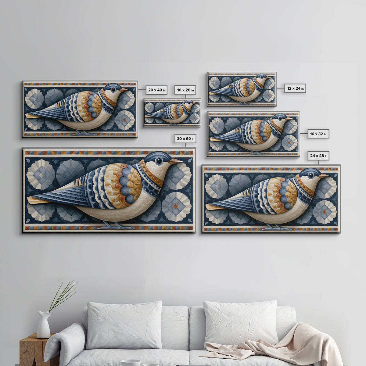 Nordic Folk Bird Framed Canvas Print, Scandinavian Art, Mid Century Modern, Living Room Decor, Fine Art, Nordic, Boho Wall Art, SCA-2x1-7