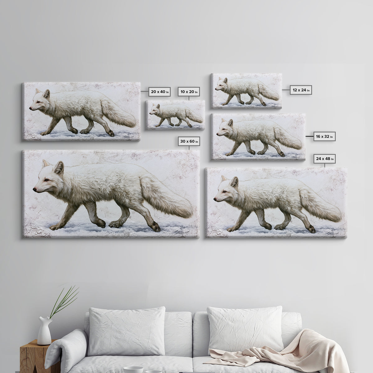 White Fox in Quiet Snow Framed Canvas Print, Scandinavian Art, Living Room Decor, Nordic, Gallery Decor, Neutral Decor, SCA-2x1-80