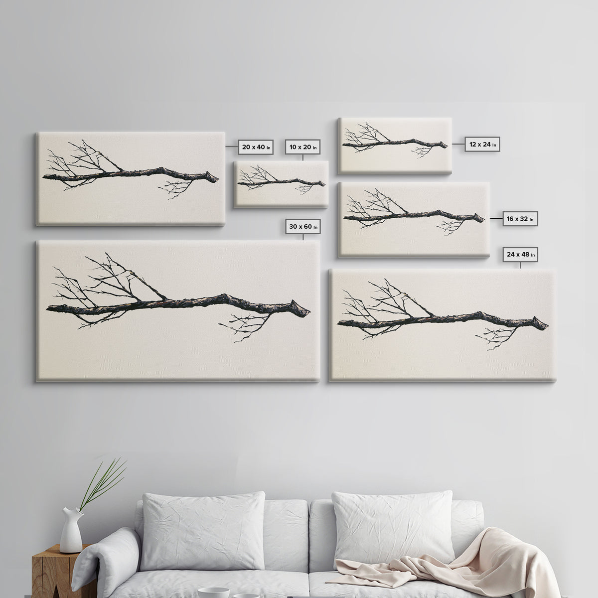 Single Black Branch on Warm White Background Canvas Print, Scandinavian Art, Abstract Art, Living Room Decor, Nordic, SCA-2x1-88
