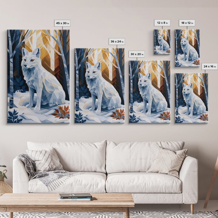 White Fox in Quiet Snow Framed Canvas Print, Scandinavian Art, Boho Wall Decor, Living Room Decor, Oil Painting, Nordic, SCA-2x3-20