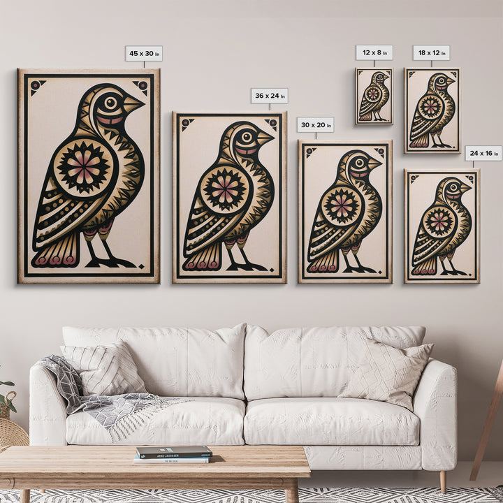 Nordic Folk Bird Framed Canvas Print, Scandinavian Art, Modern Wall Art, Living Room Decor, Fine Art, Nordic, Statement Artwork, SCA-2x3-43