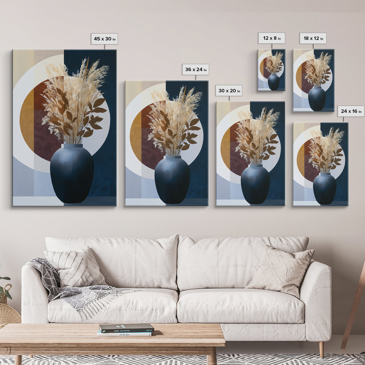 Ceramic Vase with Dried Grasses Canvas Print, Scandinavian Art, Boho Wall Art, Living Room Decor, Nordic, Modern Decor, SCA-2x3-45