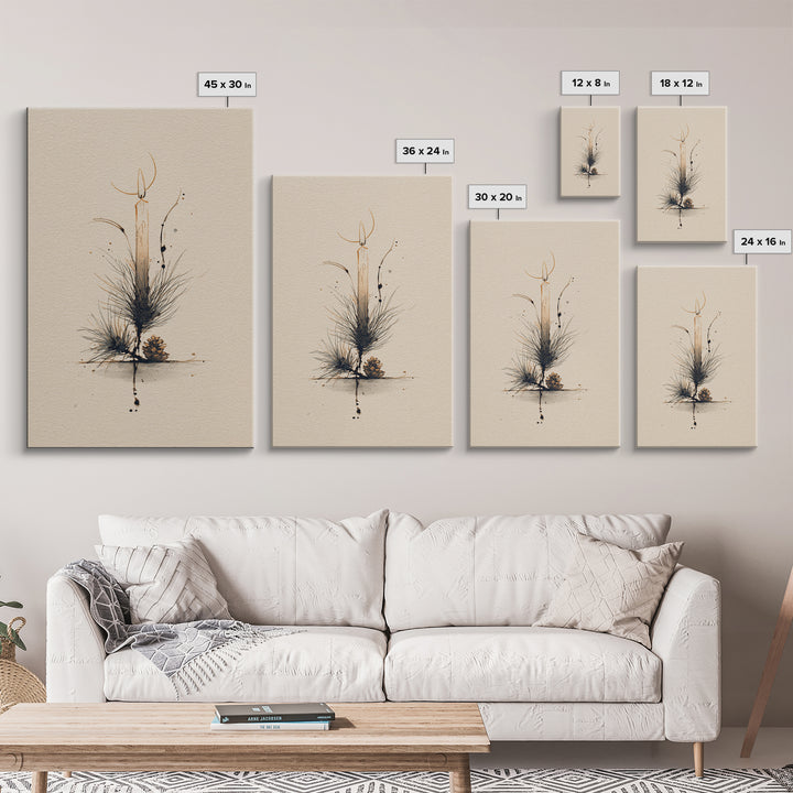 Hygge Candle and Pine Branch Still Life Canvas Print, Scandinavian Art, Abstract Wall Art, Living Room Decor, Nordic, SCA-2x3-60