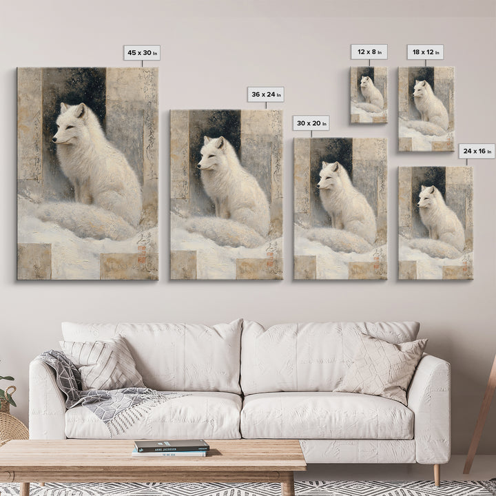 White Fox in Quiet Snow Framed Canvas Print, Scandinavian Art, Abstract Painting, Living Room Decor, Fine Art, Nordic, SCA-2x3-68