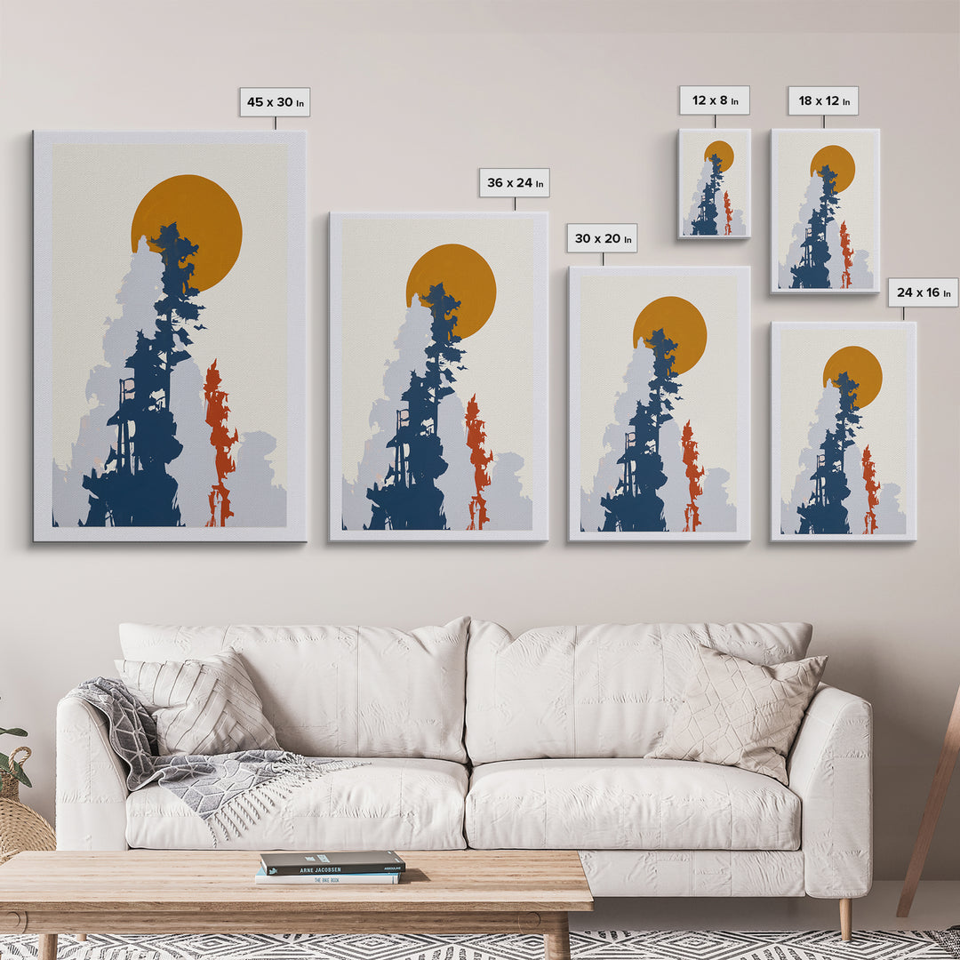 Minimal Sun over Pine Forest Framed Canvas Print, Scandinavian Art, Abstract Painting, Living Room Decor, Fine Art, Nordic, SCA-2x3-73