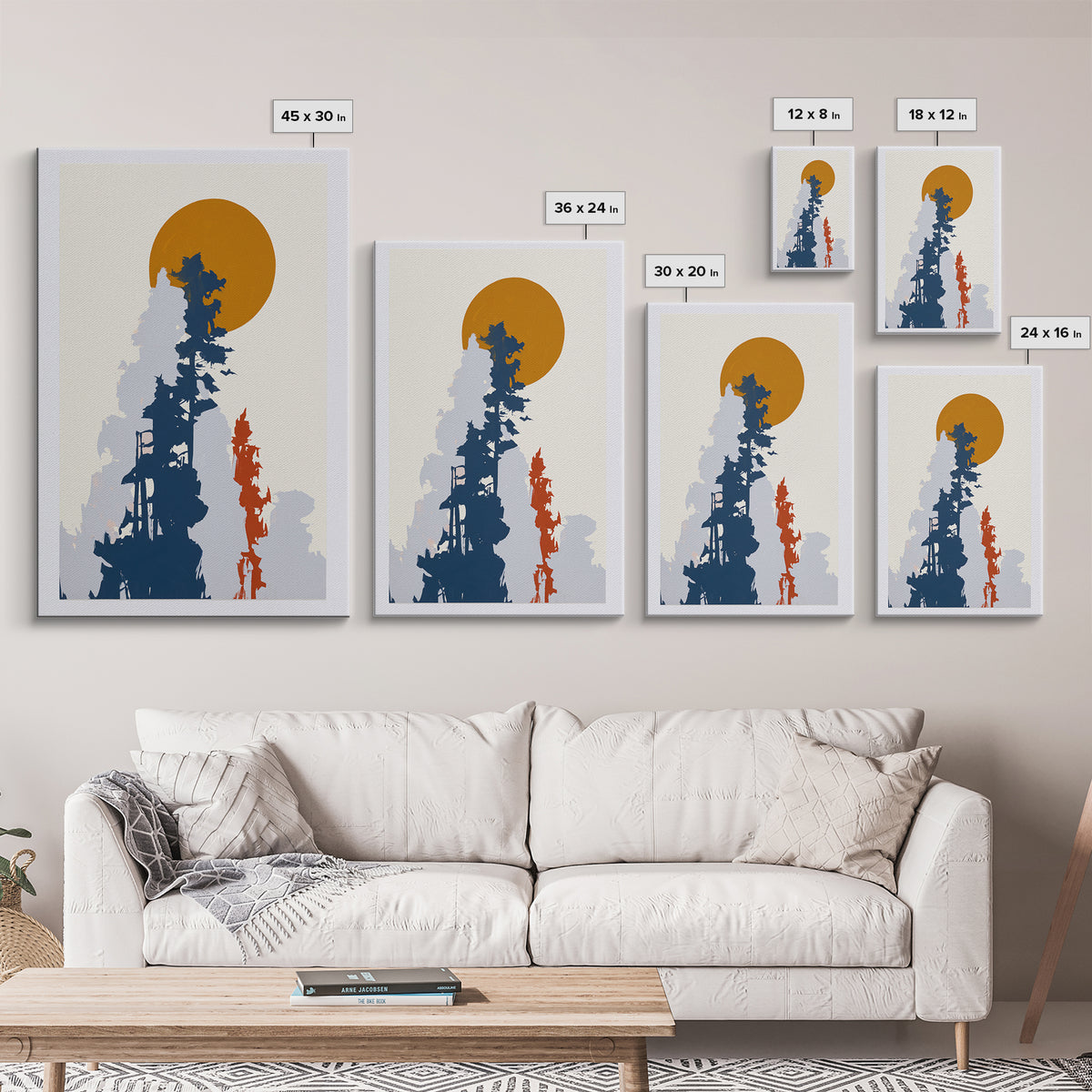 Minimal Sun over Pine Forest Framed Canvas Print, Scandinavian Art, Abstract Painting, Living Room Decor, Fine Art, Nordic, SCA-2x3-73
