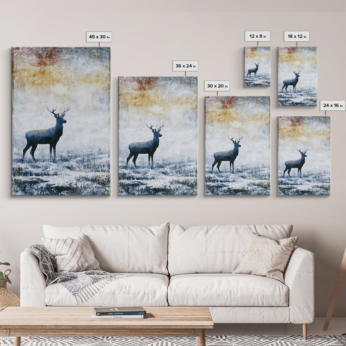 Reindeer Silhouette in Snowy Landscape Canvas Print, Scandinavian Art, Farmhouse Decor, Living Room Decor, Fine Art, Nordic, SCA-2x3-86