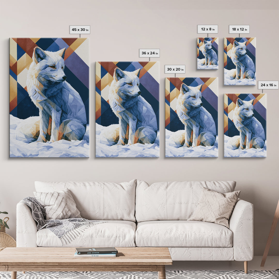 White Fox in Quiet Snow Framed Canvas Print, Scandinavian Art, Mid Century Modern, Living Room Decor, Abstract Art, Nordic, SCA-2x3-92