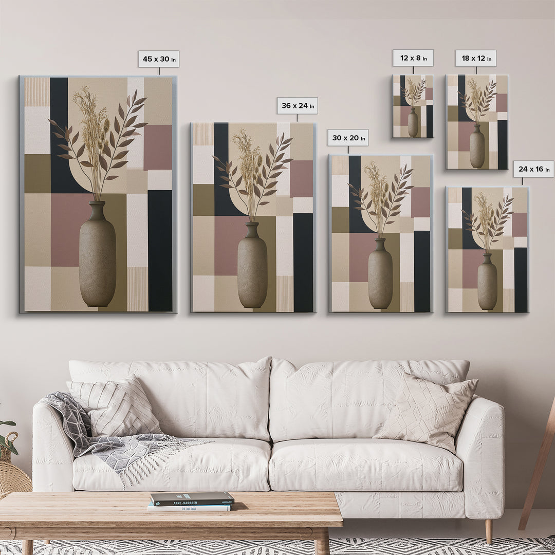Ceramic Vase with Dried Grasses Framed Canvas Print, Scandinavian Art, Living Room Wall Art, Living Room Decor, Nordic, SCA-2x3-93