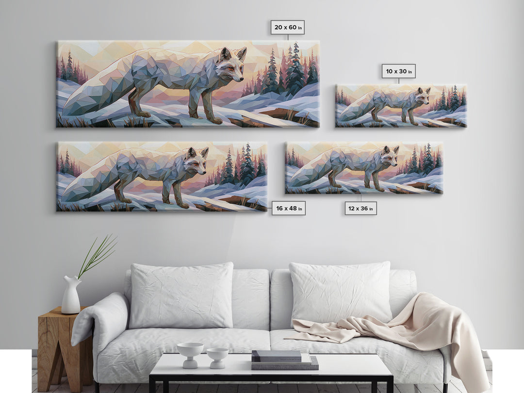 White Fox in Quiet Snow Canvas Print, Scandinavian Art, Printable, Living Room Decor, Abstract Art, Nordic, Abstract Wall Art, SCA-3x1-100