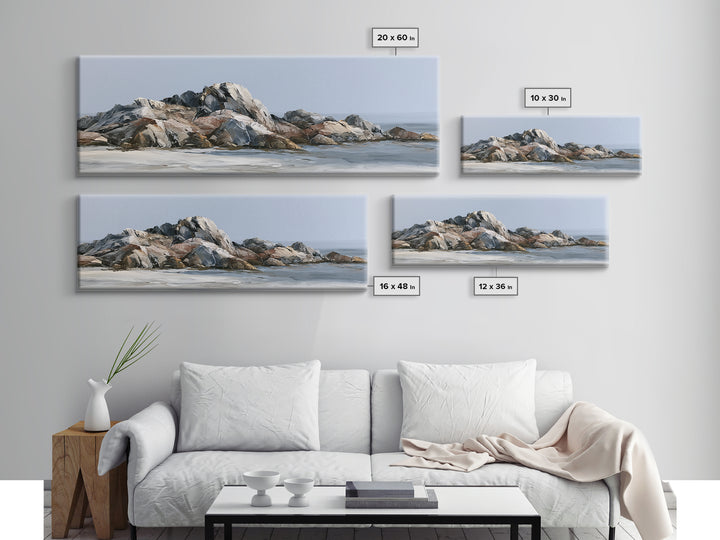 Quiet Coastal Rocks and Gray Sea Framed Canvas Print, Scandinavian Art, Fine Art Print, Living Room Decor, Fine Art, Nordic, SCA-3x1-15
