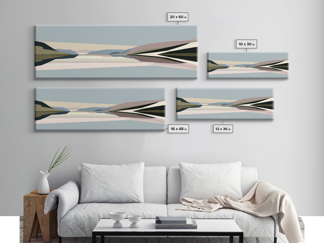 Minimal Fjord Landscape Framed Canvas Print, Scandinavian Art, Living Room Decor, Nordic, Gallery Decor, Neutral Decor, SCA-3x1-18