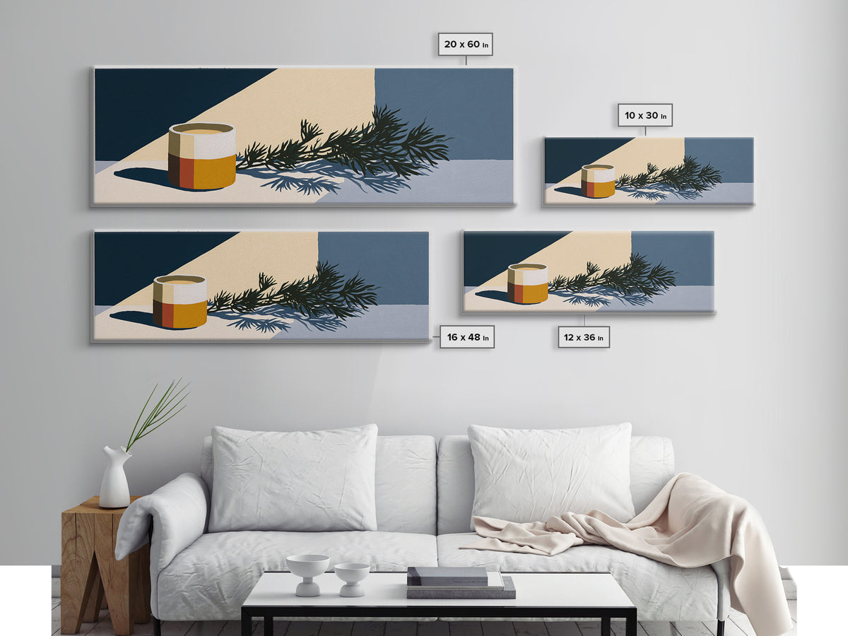 Hygge Candle and Pine Branch Still Life Canvas Print, Scandinavian Art, Floral Wall Art, Living Room Decor, Oil Painting, SCA-3x1-20