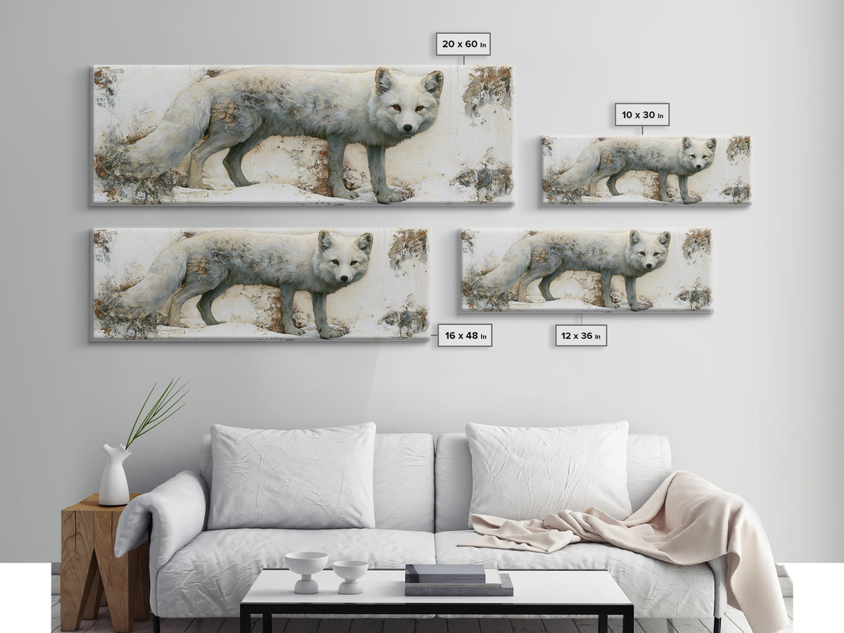 White Fox in Quiet Snow Framed Canvas Print, Scandinavian Art, Scandinavian, Living Room Decor, Oil Painting, Nordic, SCA-3x1-28