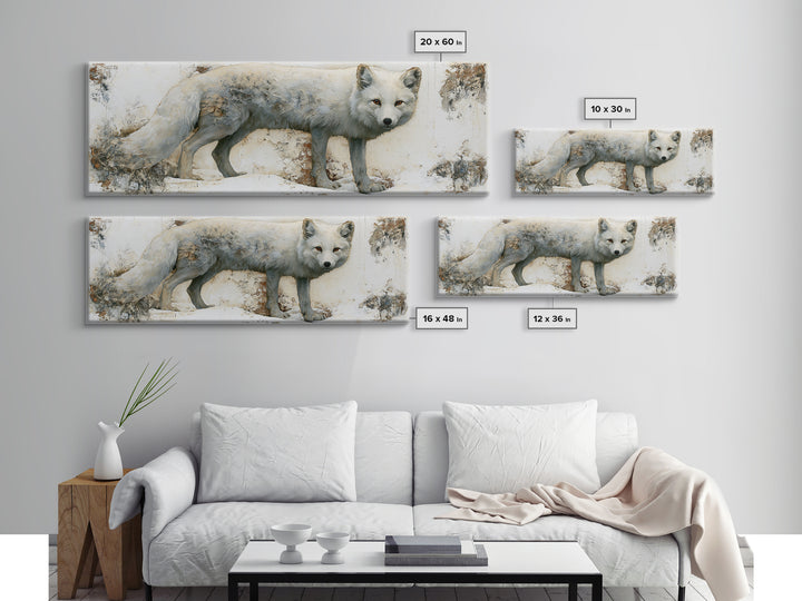White Fox in Quiet Snow Framed Canvas Print, Scandinavian Art, Scandinavian, Living Room Decor, Oil Painting, Nordic, SCA-3x1-28