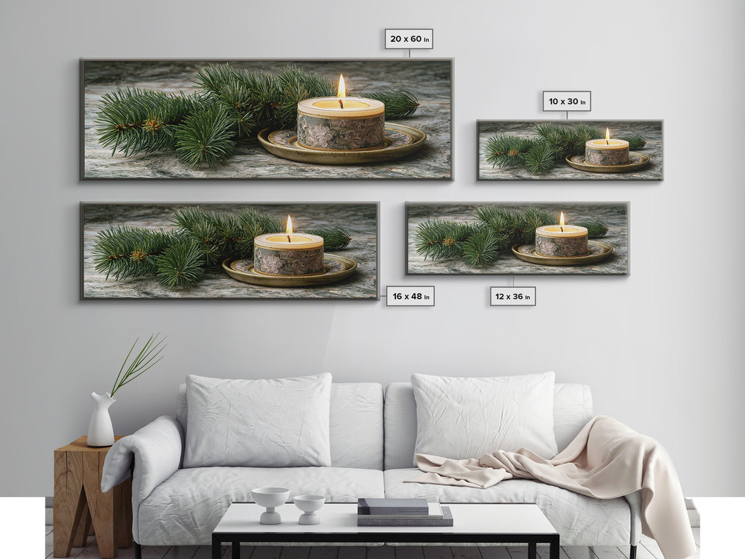 Hygge Candle and Pine Branch Still Life Framed Canvas Print, Scandinavian Art, Wall Decor, Living Room Decor, Fine Art, Nordic, SCA-3x1-68