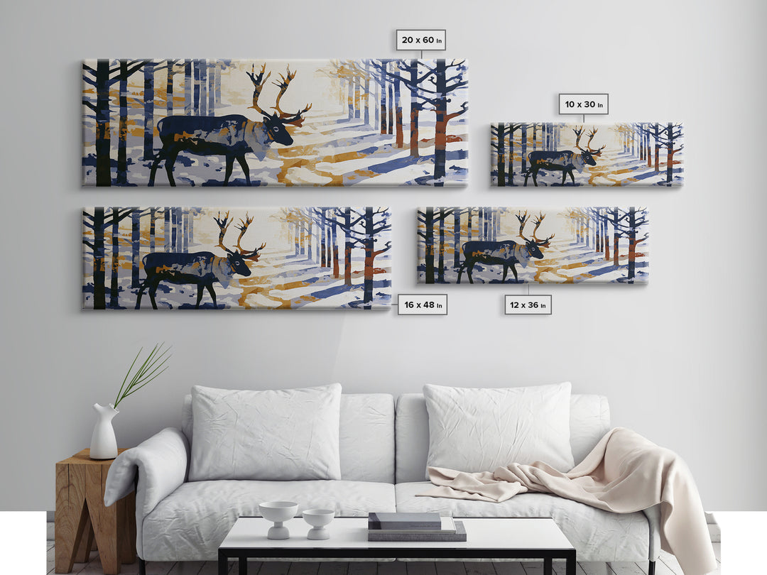 Reindeer Silhouette in Snowy Landscape Canvas Print, Scandinavian Art, Printable, Living Room Decor, Fine Art, Nordic, SCA-3x1-70