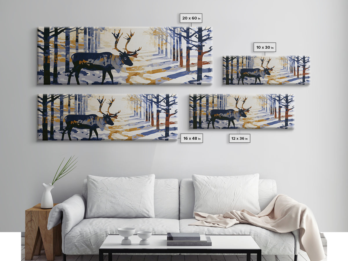 Reindeer Silhouette in Snowy Landscape Canvas Print, Scandinavian Art, Printable, Living Room Decor, Fine Art, Nordic, SCA-3x1-70