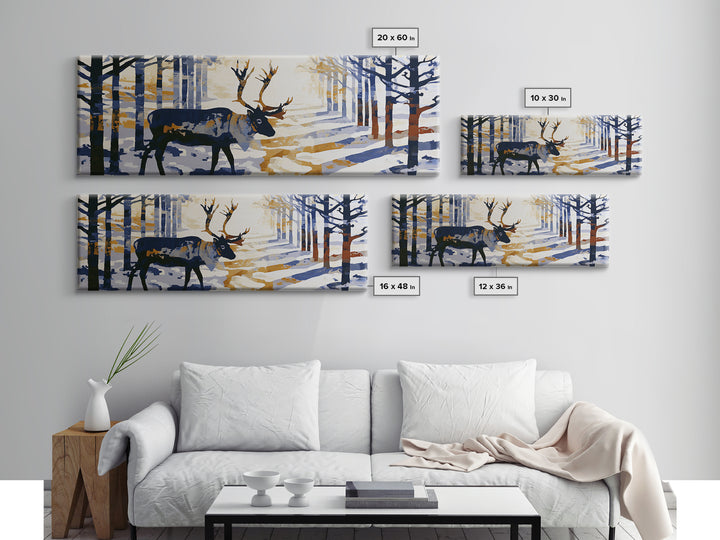 Reindeer Silhouette in Snowy Landscape Canvas Print, Scandinavian Art, Printable, Living Room Decor, Fine Art, Nordic, SCA-3x1-70