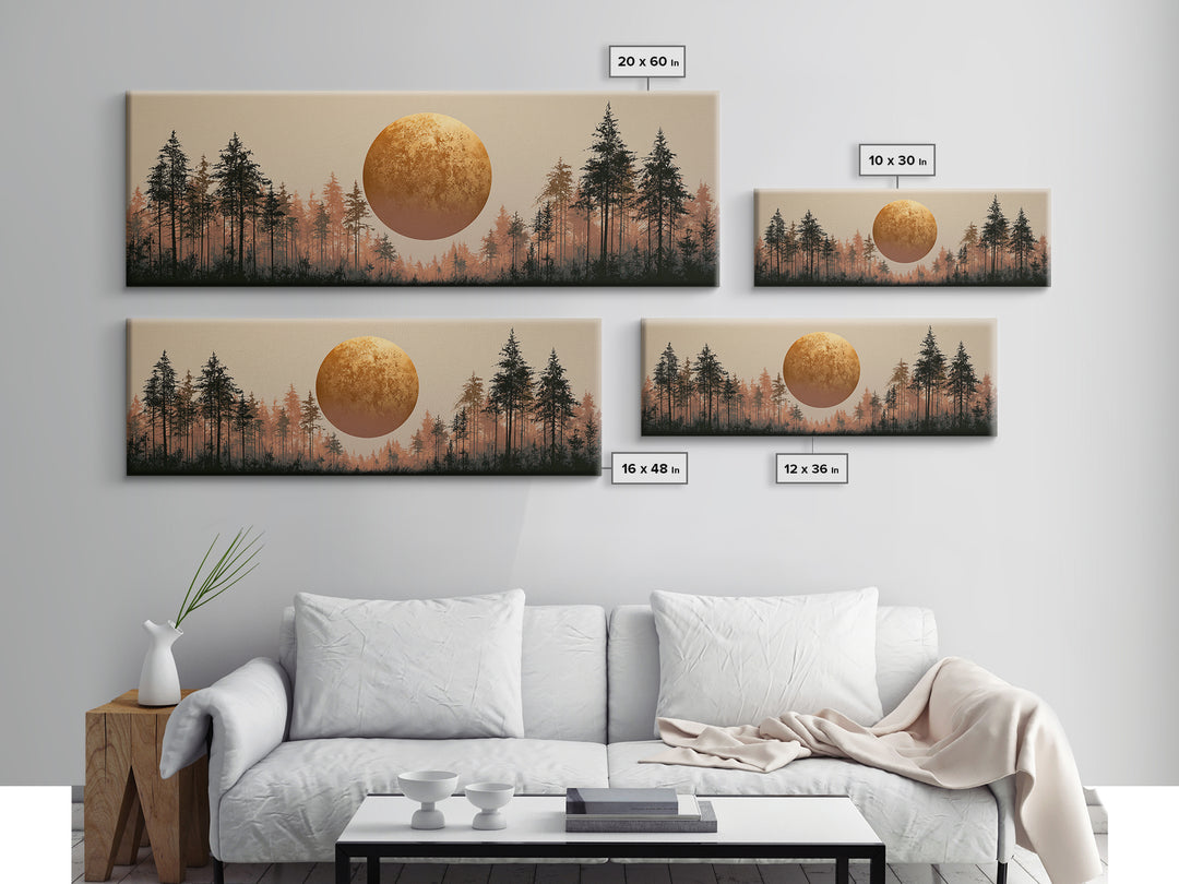 Minimal Sun over Pine Forest Framed Canvas Print, Scandinavian Art, Statement Artwork, Living Room Decor, Fine Art, Nordic, SCA-3x1-81