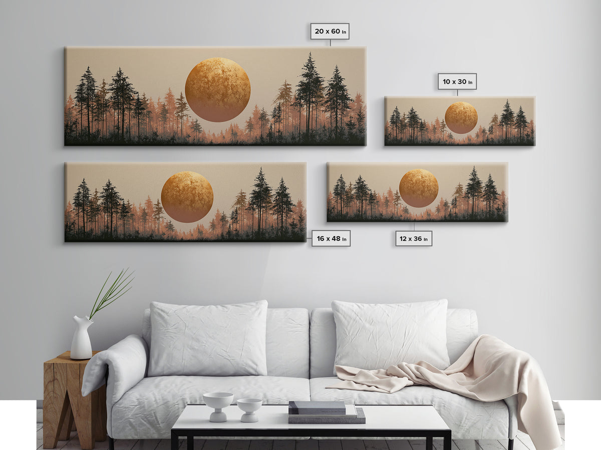 Minimal Sun over Pine Forest Framed Canvas Print, Scandinavian Art, Statement Artwork, Living Room Decor, Fine Art, Nordic, SCA-3x1-81