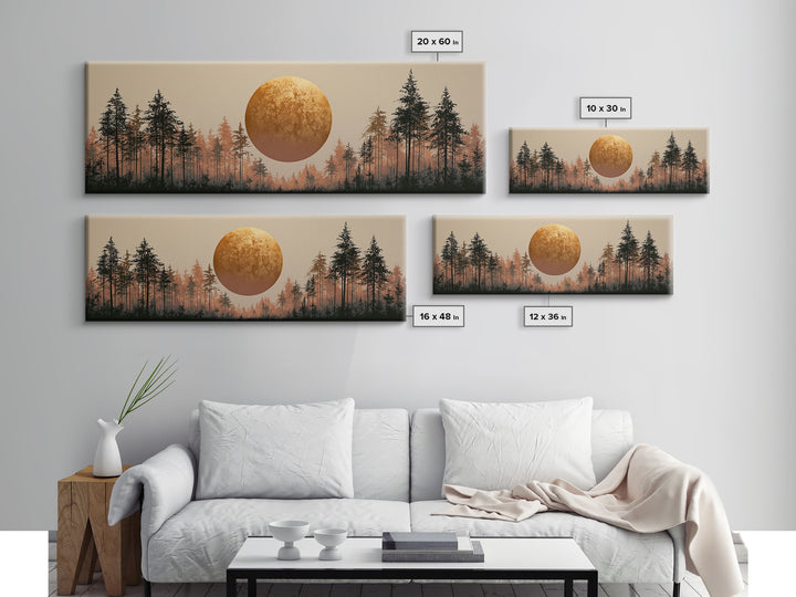 Minimal Sun over Pine Forest Framed Canvas Print, Scandinavian Art, Statement Artwork, Living Room Decor, Fine Art, Nordic, SCA-3x1-81