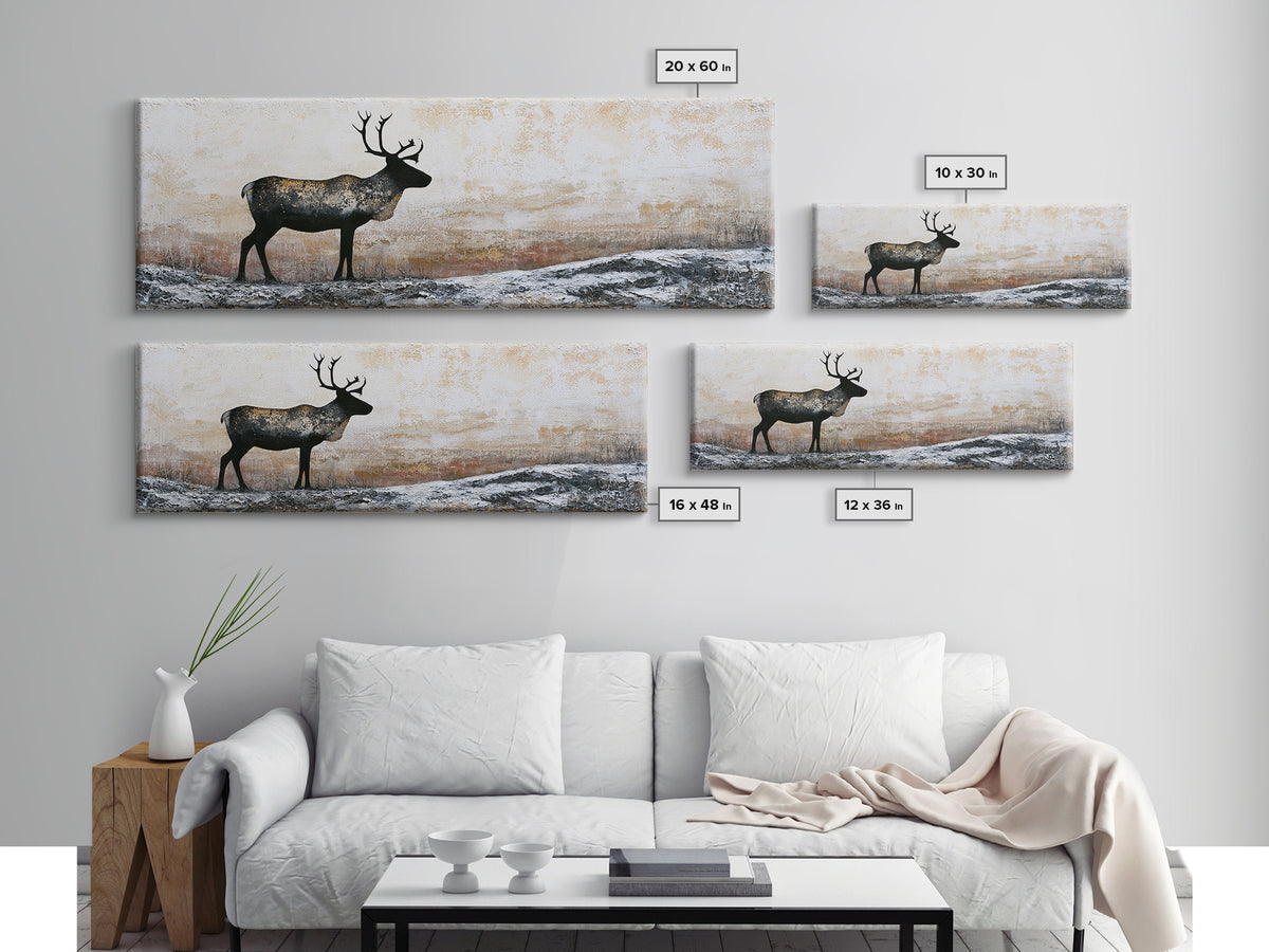 Reindeer Silhouette in Snowy Landscape Canvas Print, Scandinavian Art, Modern Art, Living Room Decor, Fine Art, Nordic, SCA-3x1-94