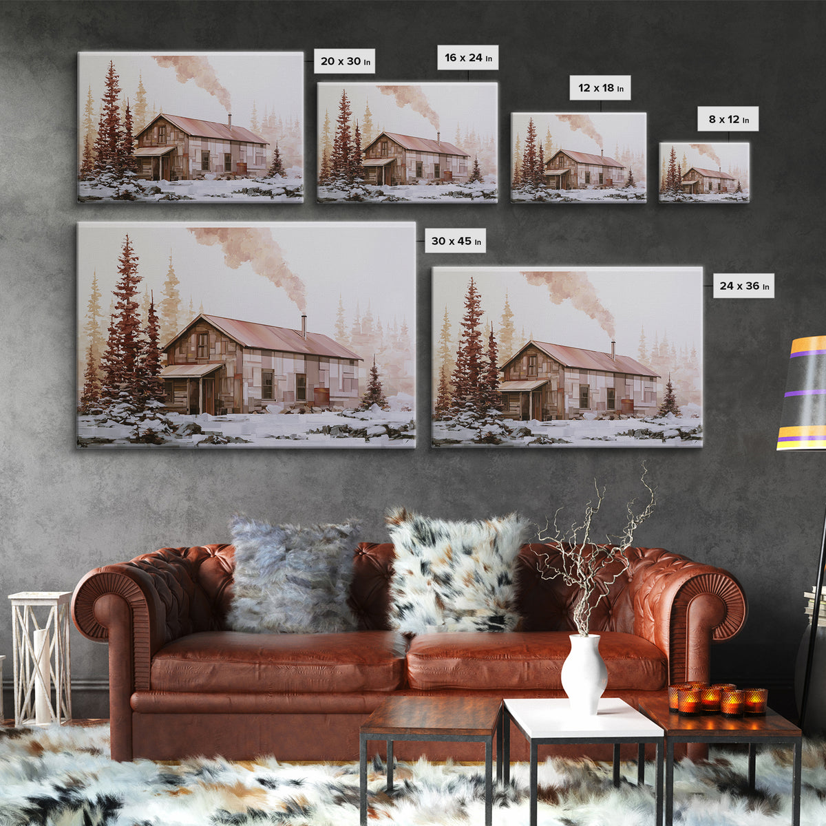 Winter Cabin Smoke Canvas Print, Scandinavian Art, Boho Wall Art, Living Room Decor, Oil Painting, Nordic, Modern Decor, SCA-3x2-22