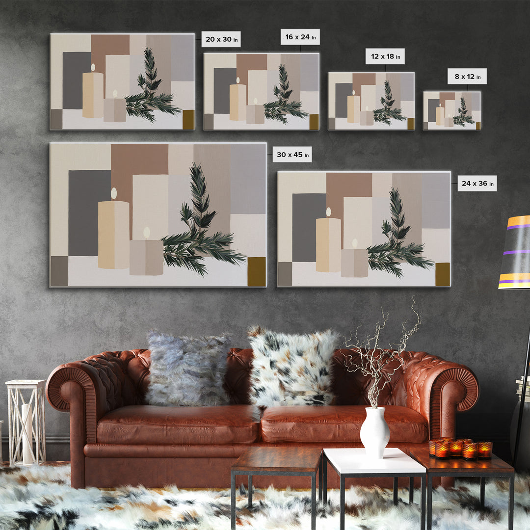 Hygge Candle and Pine Branch Still Life Canvas Print, Scandinavian Art, Luxury Decor, Living Room Decor, Oil Painting, Nordic, SCA-3x2-32