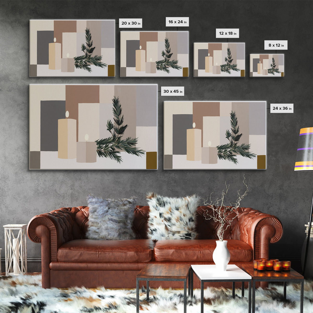 Hygge Candle and Pine Branch Still Life Canvas Print, Scandinavian Art, Luxury Decor, Living Room Decor, Oil Painting, Nordic, SCA-3x2-32
