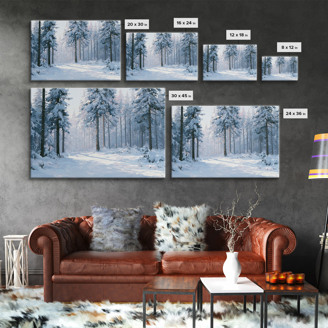 Snowy Nordic Forest Framed Canvas Print, Scandinavian Art, Statement Artwork, Living Room Decor, Oil Painting, Nordic, SCA-3x2-5