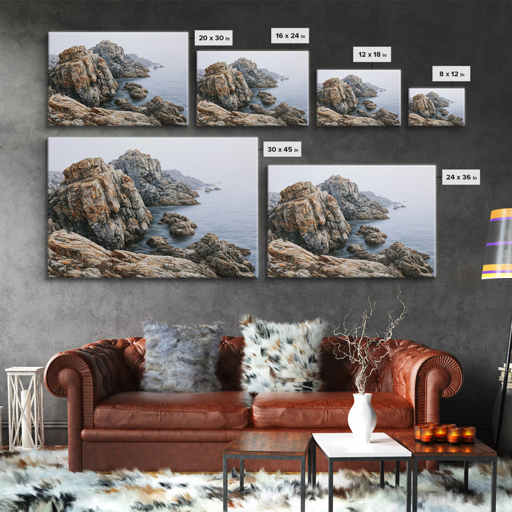 Quiet Coastal Rocks and Gray Sea Canvas Print, Scandinavian Art, Farmhouse Decor, Living Room Decor, Fine Art, Nordic, SCA-3x2-75