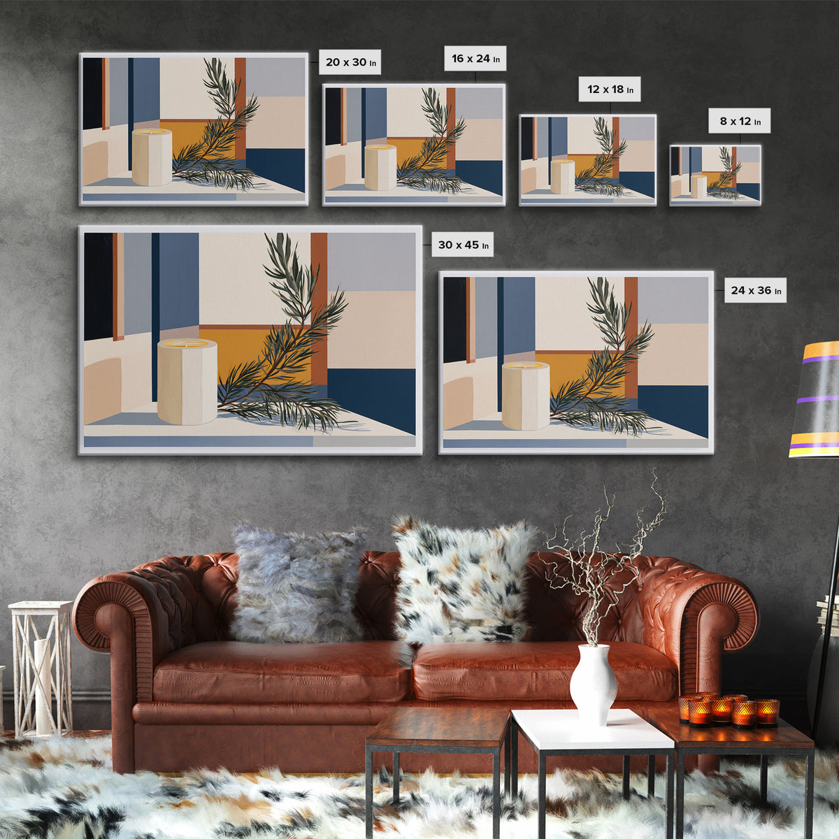 Hygge Candle and Pine Branch Still Life Framed Canvas Print, Scandinavian Art, Digital Wall Art, Living Room Decor, Nordic, SCA-3x2-80