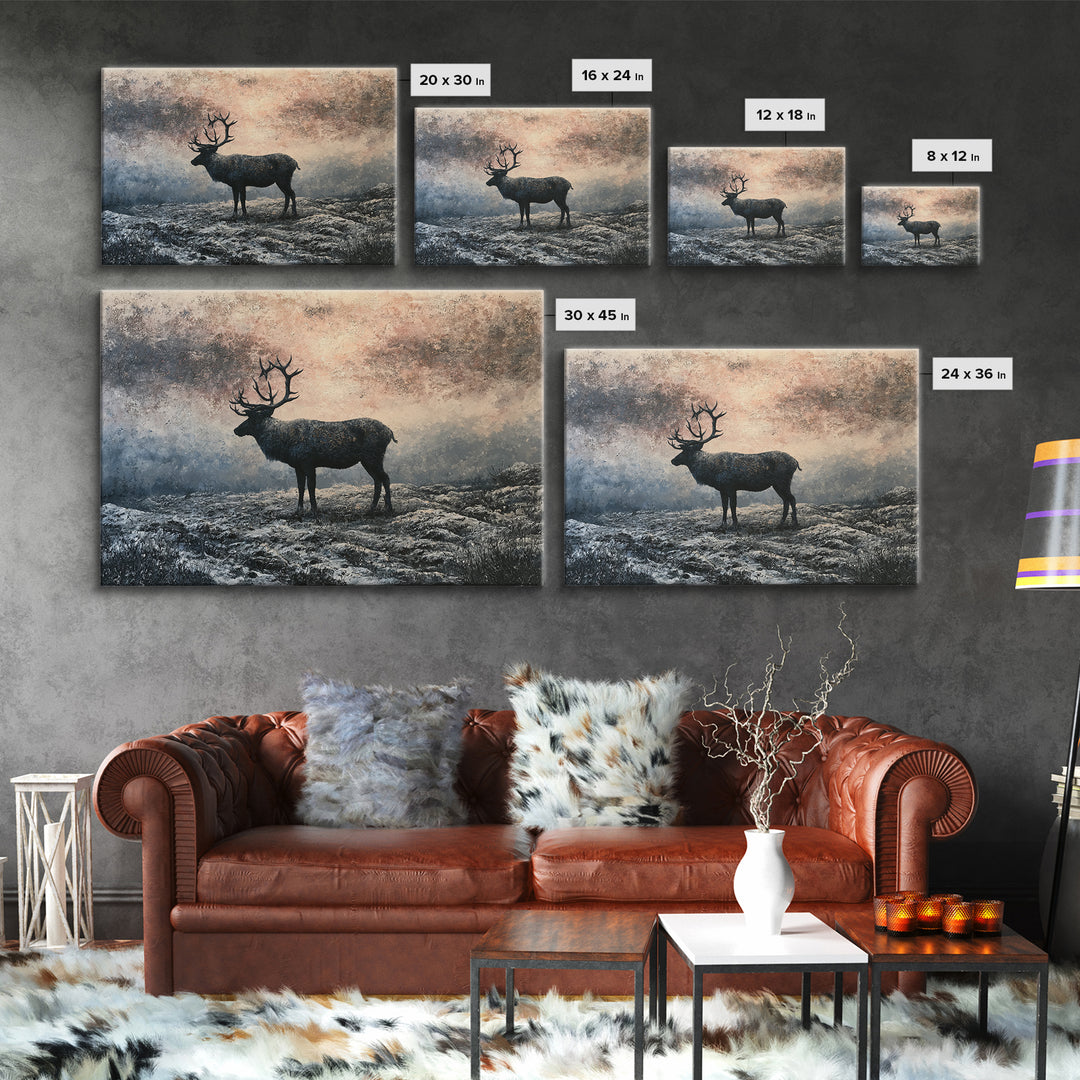 Reindeer Silhouette in Snowy Landscape Framed Canvas Print, Scandinavian Art, Statement Artwork, Living Room Decor, Nordic, SCA-3x2-82