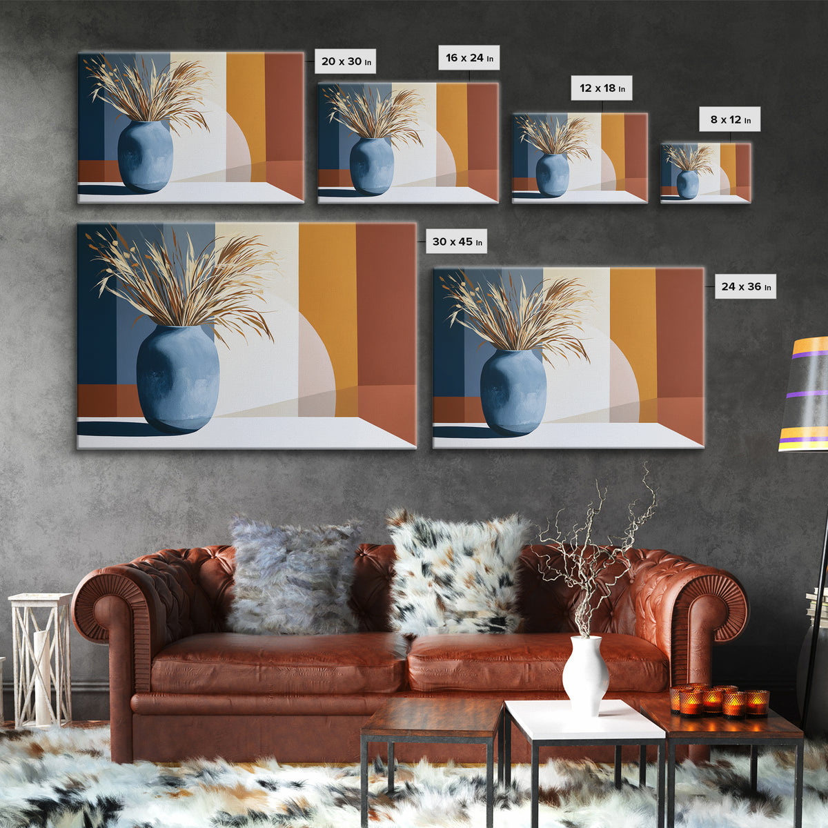 Ceramic Vase with Dried Grasses Canvas Print, Scandinavian Art, Living Room Decor, Oil Painting, Nordic, Wall Hanging, SCA-3x2-89
