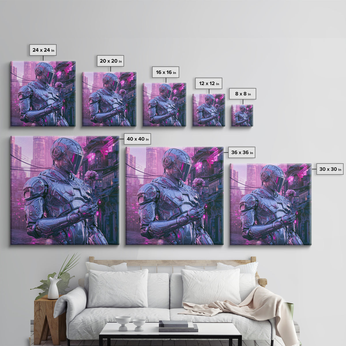 Silver Android Holding a Flower Canvas Print, Scifi Art, Space Art, Living Room Decor, Fine Art, Orbit, Luxury Decor, SCI-1x1-14