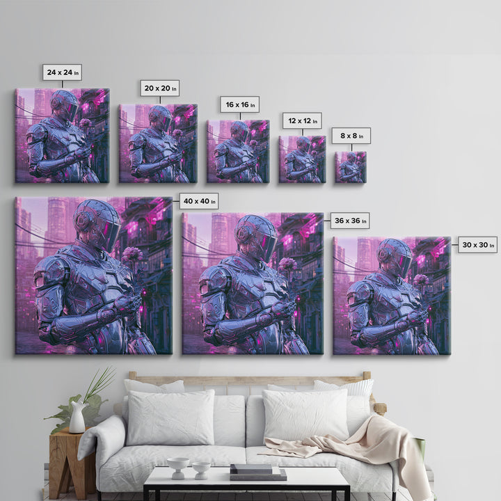 Silver Android Holding a Flower Canvas Print, Scifi Art, Space Art, Living Room Decor, Fine Art, Orbit, Luxury Decor, SCI-1x1-14