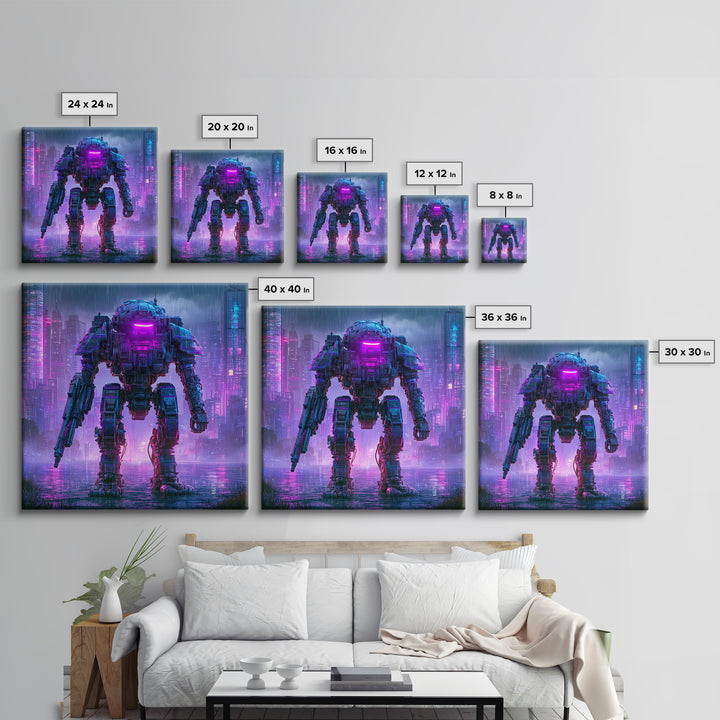 Mech Silhouette in Rainy Neon City Canvas Print, Scifi Art, Retro Wall Art, Living Room Decor, Oil Painting, Orbit, Fantasy Art, SCI-1x1-15