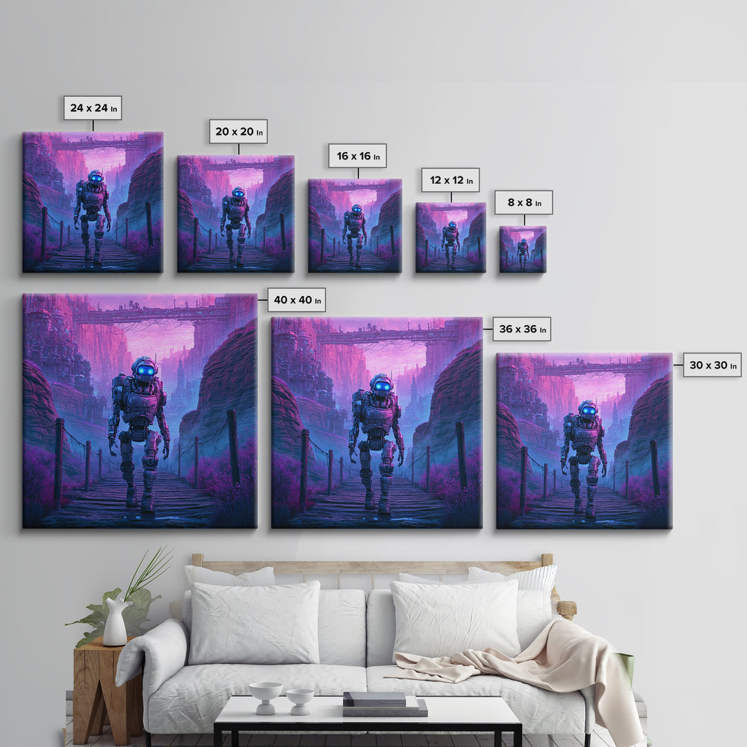 Robot Companion Crossing a Red Canyon Framed Canvas Print, Scifi Art, Decor, Living Room Decor, Orbit, Mid Century Art, SCI-1x1-28
