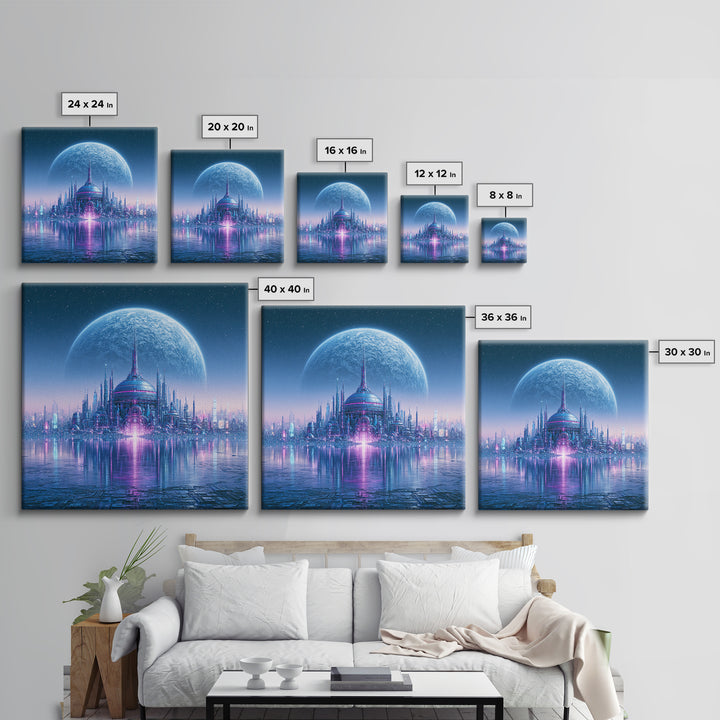 Moon Colony Beneath Earth Rise Framed Canvas Print, Scifi Art, Weird Art, Living Room Decor, Abstract Art, Orbit, Art Print, SCI-1x1-42