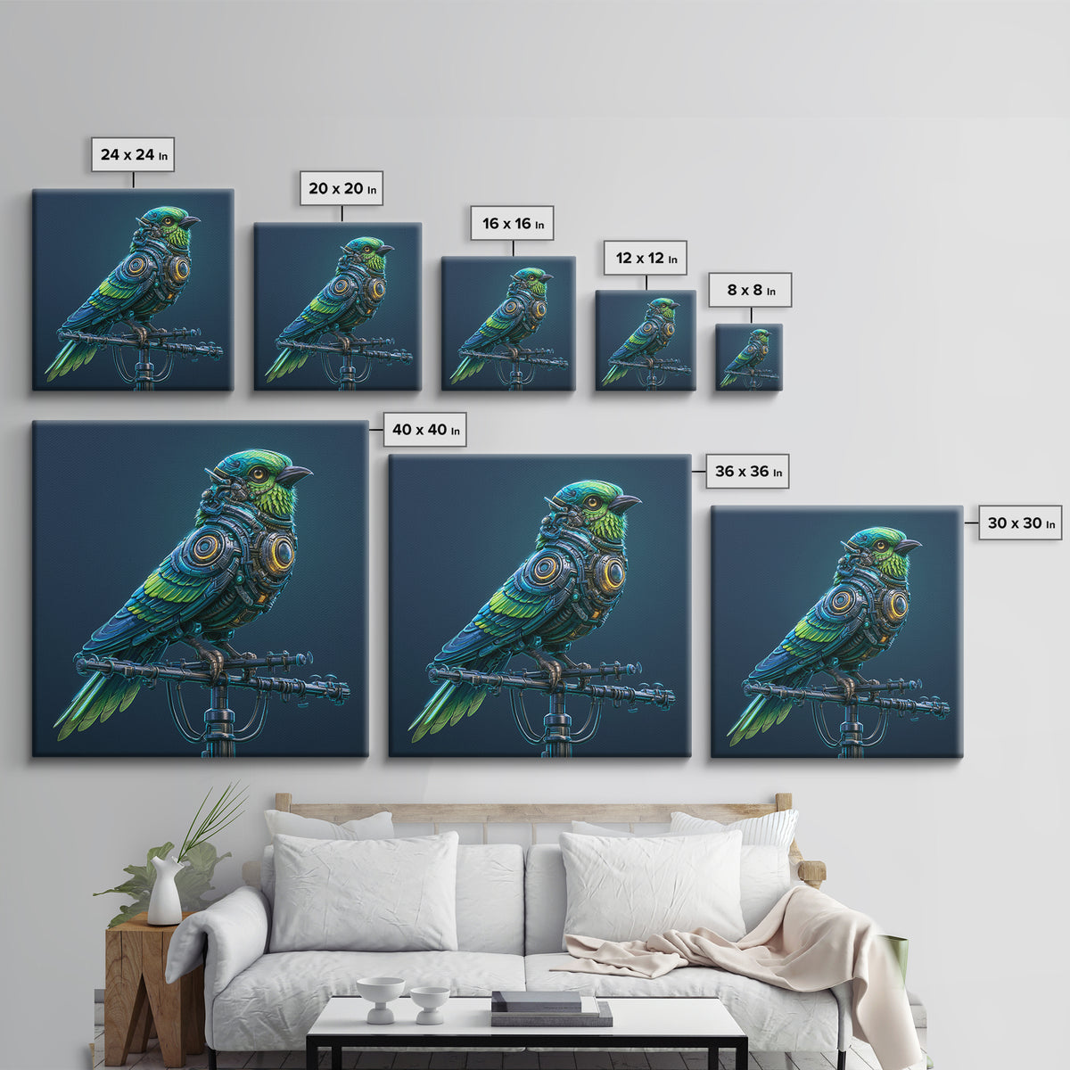 Robot Bird Perched on Antenna Framed Canvas Print, Scifi Art, Modern Art, Living Room Decor, Orbit, Retro Futurism Art, SCI-1x1-47