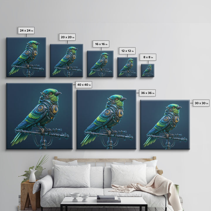 Robot Bird Perched on Antenna Framed Canvas Print, Scifi Art, Modern Art, Living Room Decor, Orbit, Retro Futurism Art, SCI-1x1-47