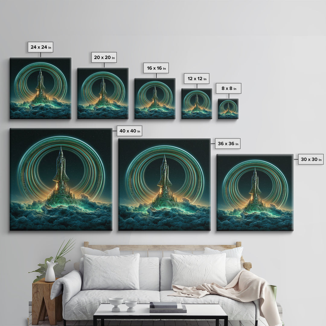 Retro Rocket Launching Through Cloud Rings Framed Canvas Print, Scifi Art, Boho Decor, Living Room Decor, Oil Painting, Orbit, SCI-1x1-79