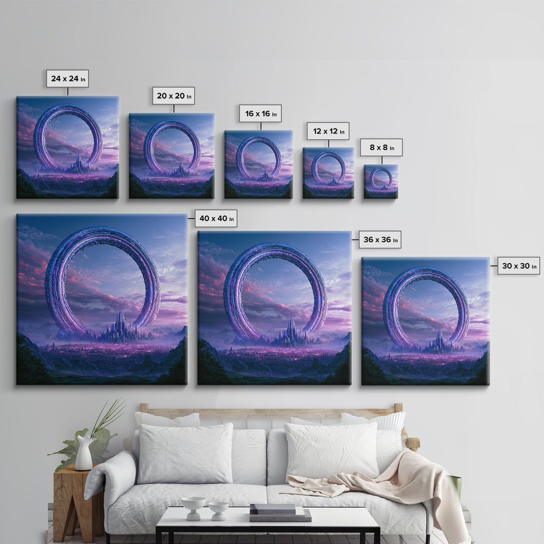 Giant Ring World Seen from a Valley Framed Canvas Print, Scifi Art, Fine Art Print, Living Room Decor, Fine Art, Orbit, SCI-1x1-80