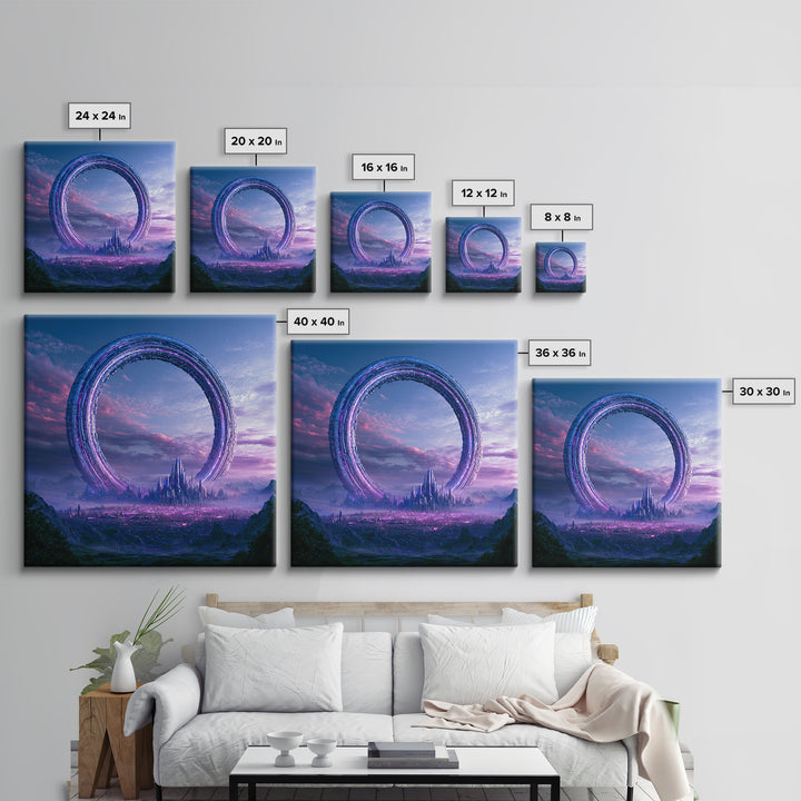 Giant Ring World Seen from a Valley Framed Canvas Print, Scifi Art, Fine Art Print, Living Room Decor, Fine Art, Orbit, SCI-1x1-80